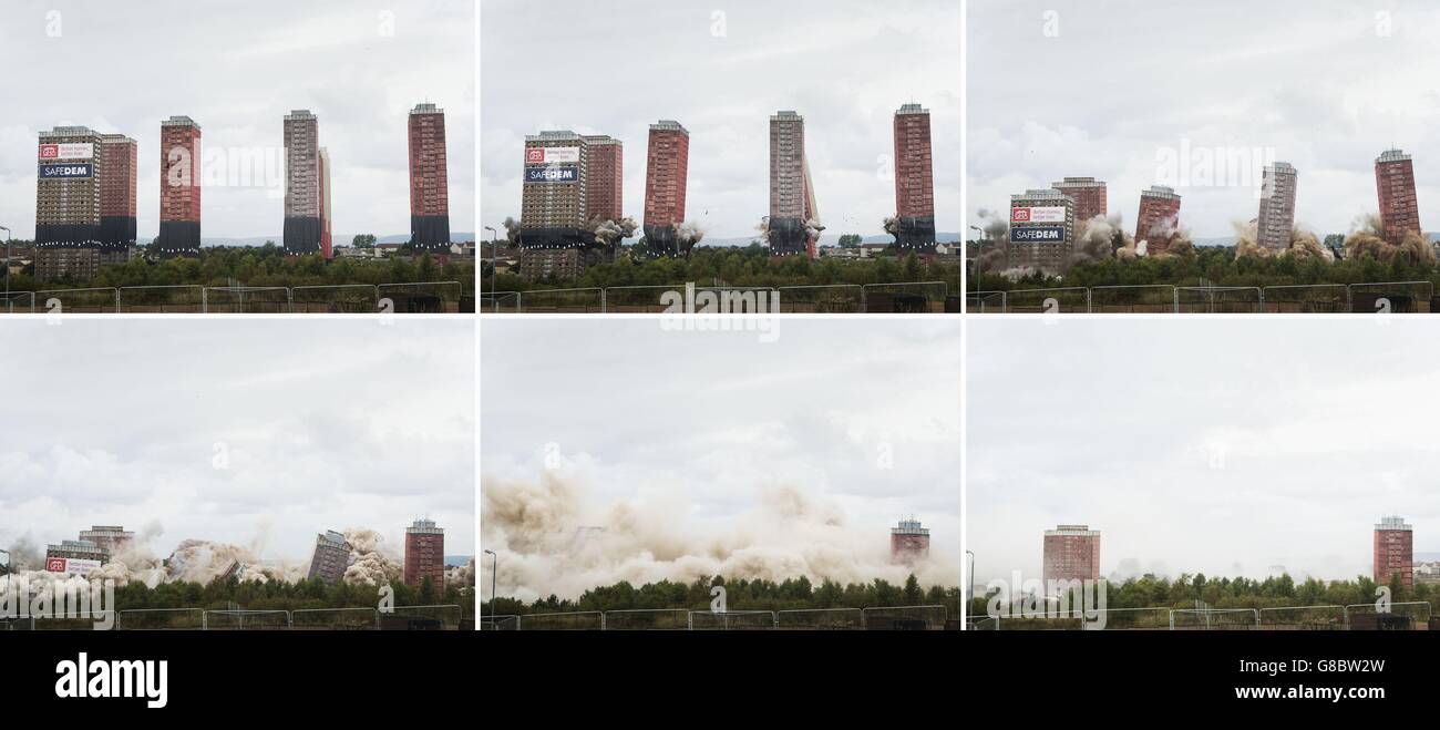 Photo composite montrant six appartements de plusieurs étages de Red Road démolis lors d'une explosion contrôlée à Glasgow, en Écosse, dans le cadre du plan de régénération des communautés de la Glasgow Housing Association. Banque D'Images