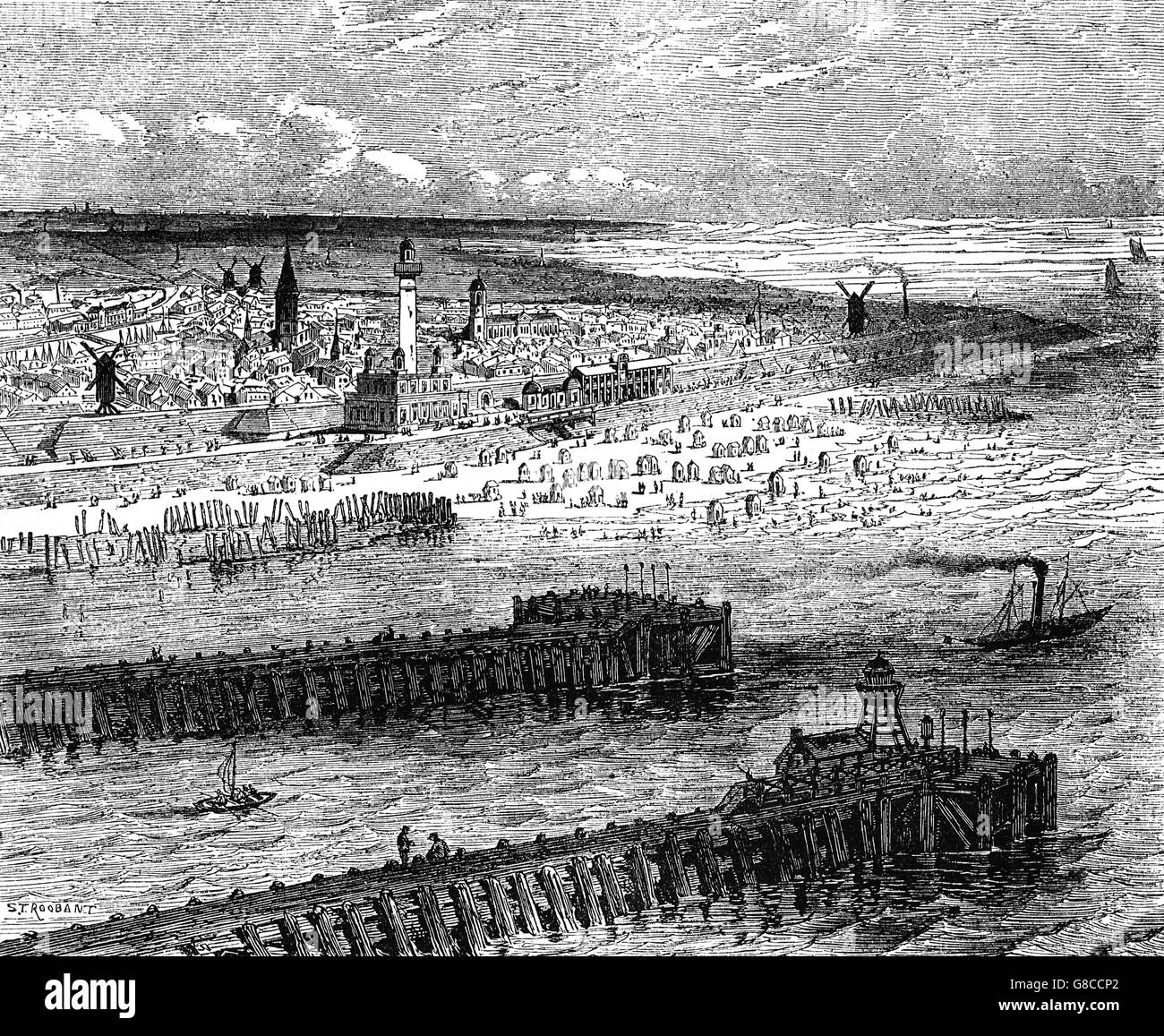 Une vue du port d'Ostende, une ville côtière belge et municipalité, situé dans la province de Flandre occidentale. Quand les Hollandais fermé l'entrée du port d'Anvers, Ostende a augmenté en importance du fait que la ville a fourni une autre sortie à la mer. Banque D'Images