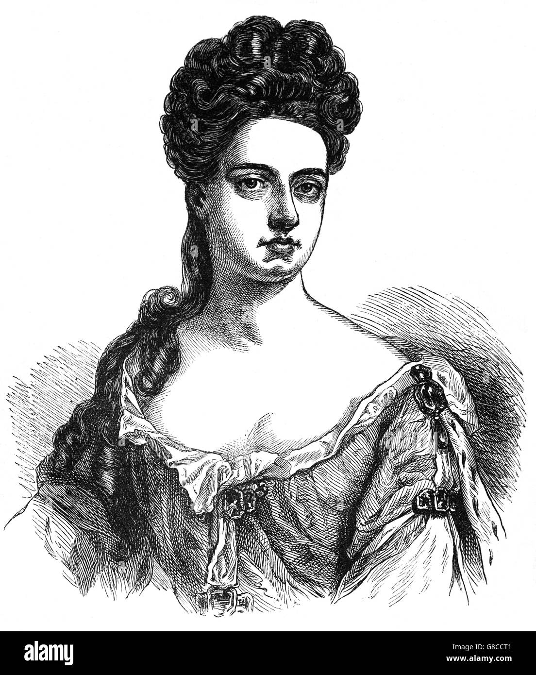 Queen Anne (1665 - 1714) devint reine de l'Angleterre, l'Écosse et l'Irlande le 8 mars 1702. Le 1er mai 1707, en vertu de l'acte d'Union, deux de ses royaumes, les royaumes d'Angleterre et d'Écosse, unis comme un seul État souverain connu sous le nom de Grande-Bretagne. Elle a continué de régner en reine de Grande-Bretagne et d'Irlande jusqu'à sa mort. Banque D'Images
