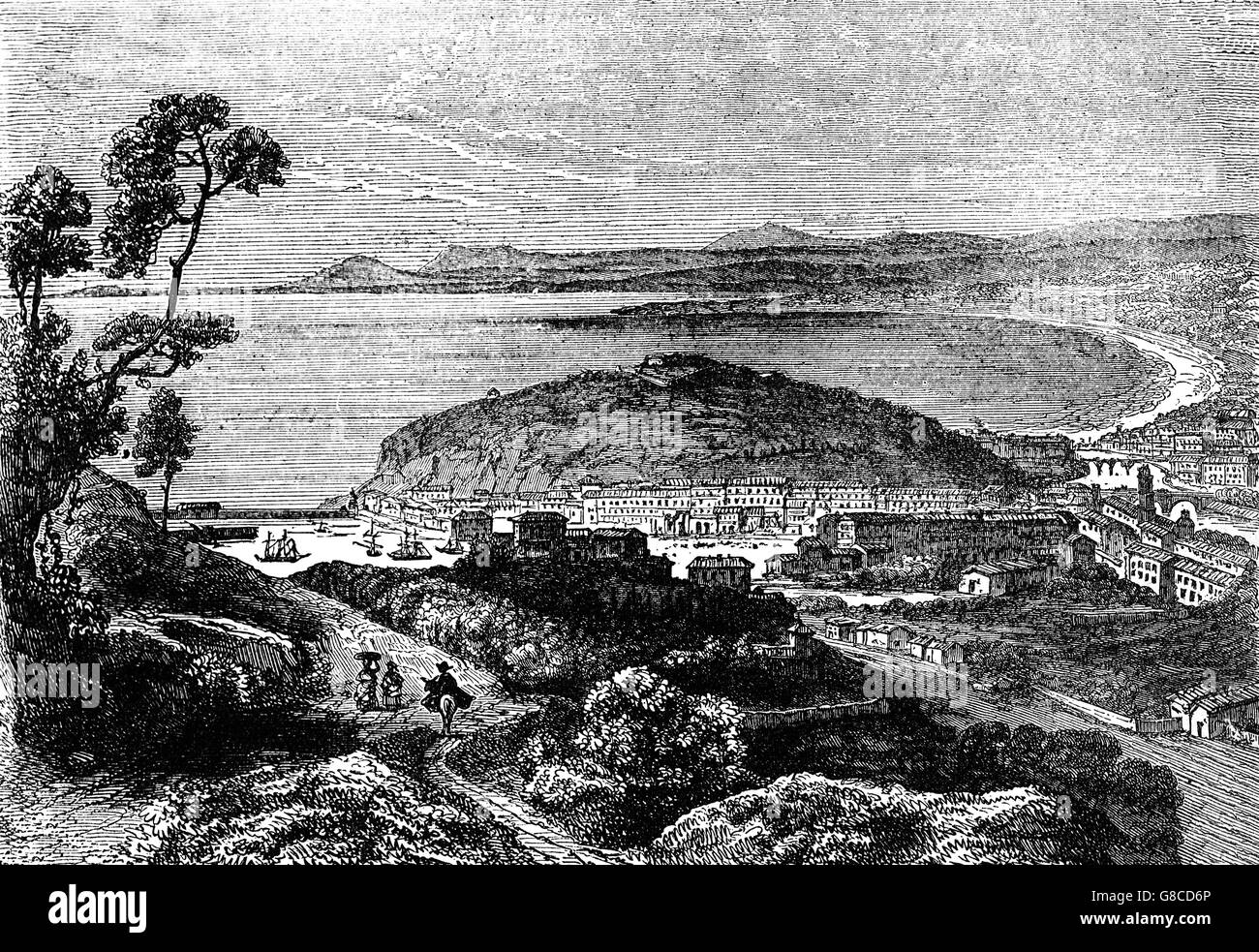 Un 19e siècle vue sur la mer Méditerranée et la côte entre Nice et Monaco. France Banque D'Images