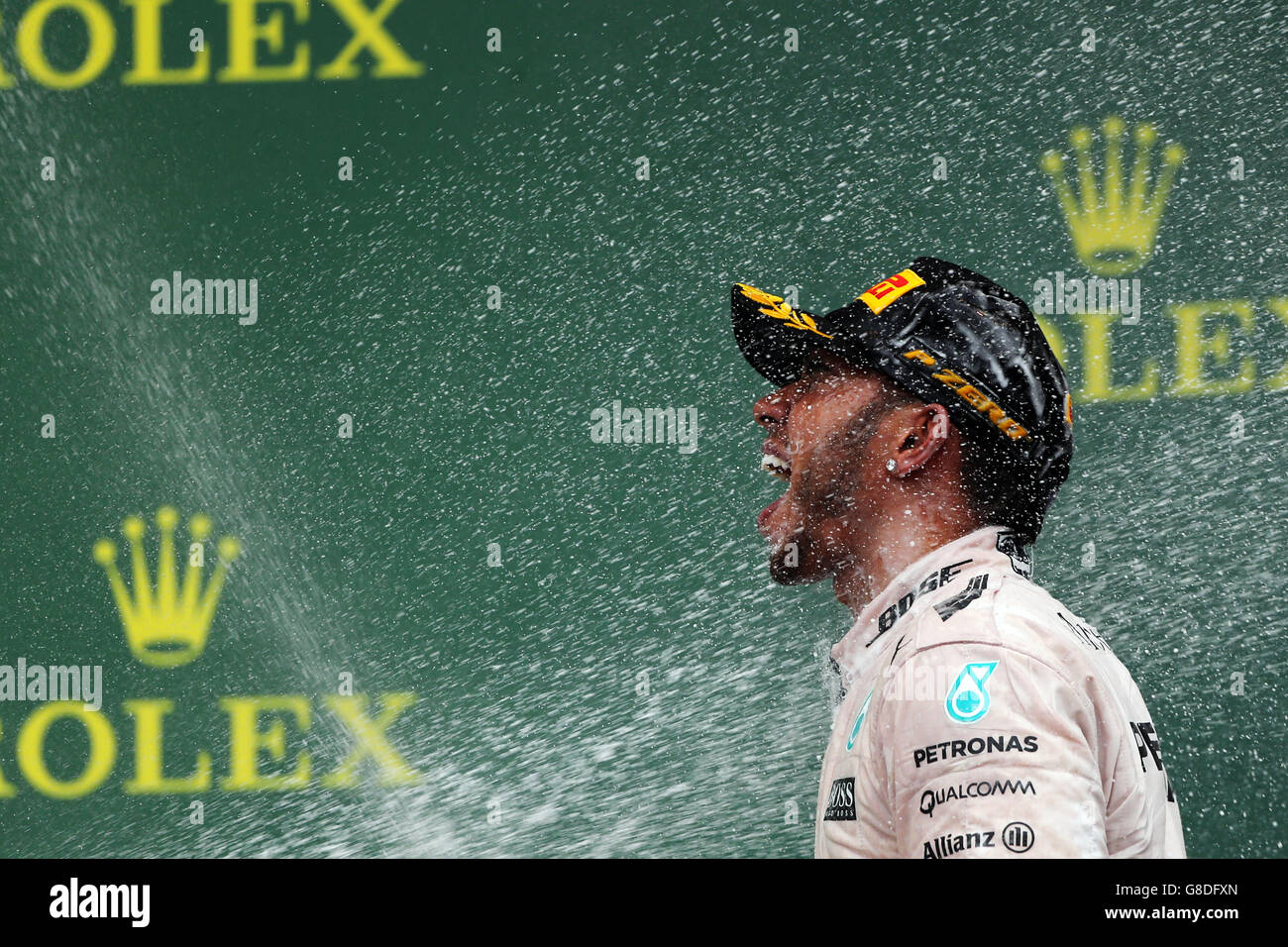 Lewis Hamilton de Mercedes célèbre sa victoire et remporte le Championnat du monde de Formule 1 2015 après le Grand Prix des États-Unis au circuit of the Americas à Austin, Texas, États-Unis. Banque D'Images