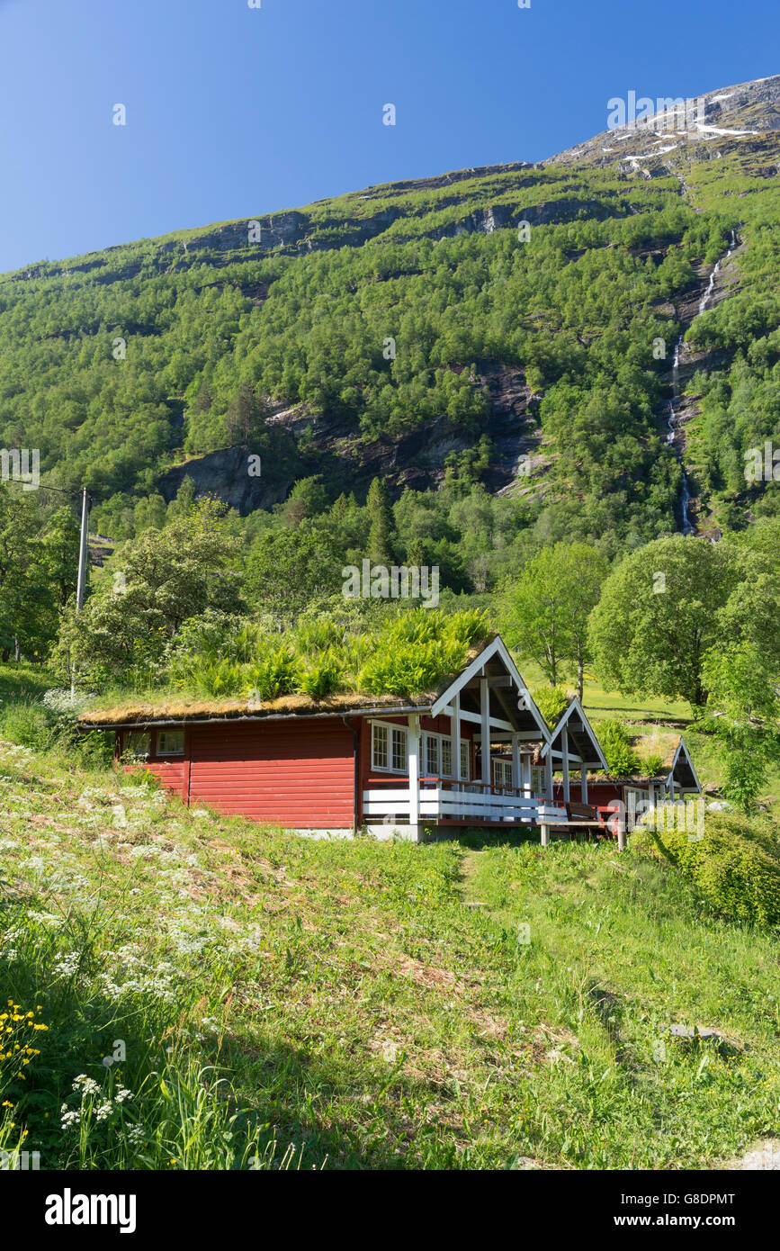 Les toits verts Eco plus de chalets à Geirangerfjord, Norvège, juin 2016 Banque D'Images