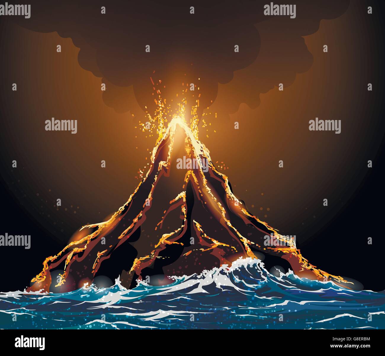 Volcan éruption island dans l'océan. Lave qui sort de la montagne contre pilier de fumée. Illustration de Vecteur