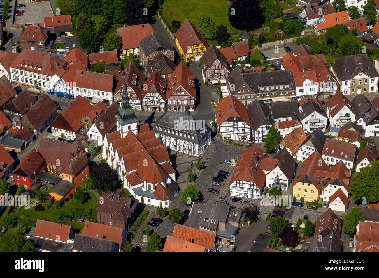 Vue aérienne, de maisons dans le centre historique de Rietberg, Mairie historique Rietberg, Rietberg, à l'Est de la Westphalie,, Banque D'Images
