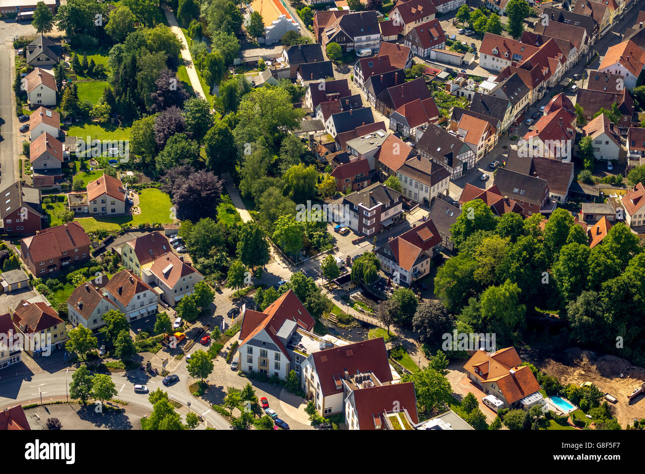 Vue aérienne de la ville, Moulin, porte Nord, EMS EMS dégainée, l'île d'entrée douves, Monument Square, Rietberg, à l'Est de la Westphalie, Banque D'Images