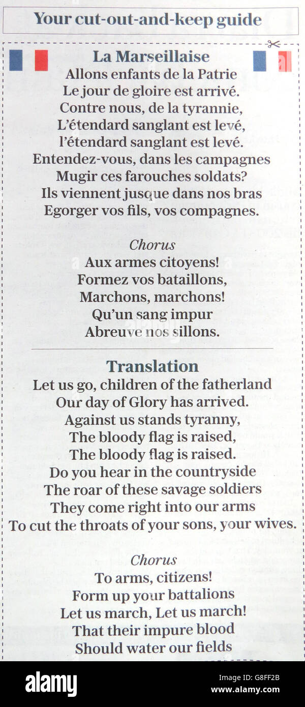 Les paroles de 'la Marseillaise' publiées dans le quotidien Telegraph,  devant l'Angleterre et la France au stade Wembley demain Photo Stock - Alamy