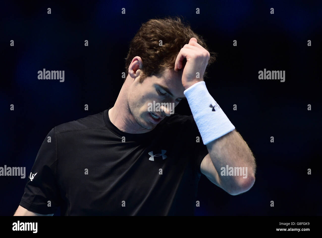 Andy Murray en Grande-Bretagne pendant la quatrième journée de la finale du World Tour ATP à l'O2 Arena, Londres. APPUYEZ SUR ASSSOCIATION photo. Date de la photo: Mercredi 18 novembre 2015. Voir PA Story TENNIS Londres. Le crédit photo devrait se lire comme suit : Adam Davy/PA Wire. Banque D'Images
