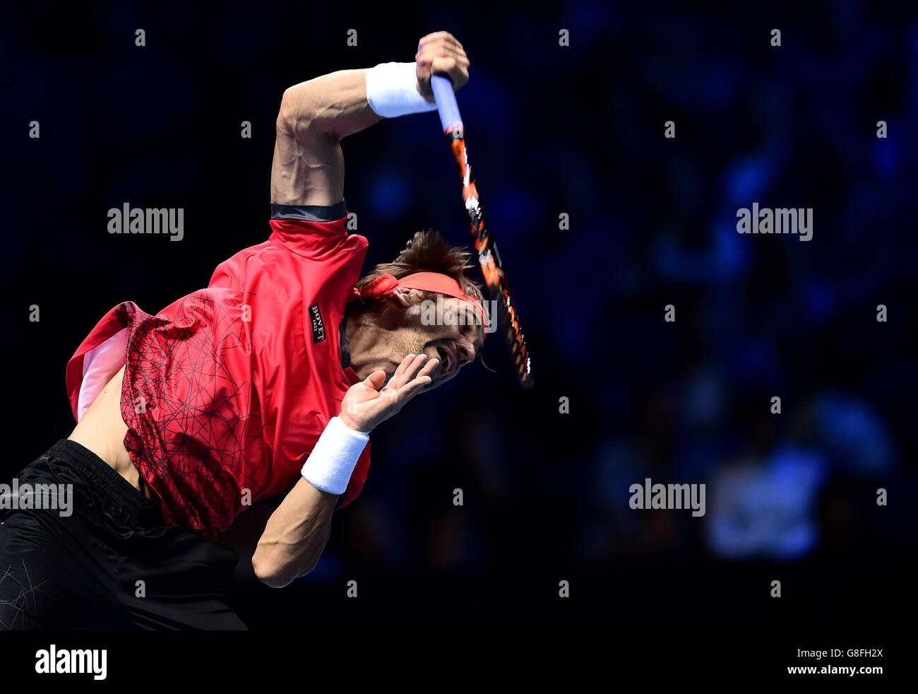 David Ferrer en Espagne pendant la sixième journée de la finale du Tour du monde ATP à l'O2 Arena, Londres. APPUYEZ SUR ASSSOCIATION photo. Date de la photo : vendredi 20 novembre 2015. Voir PA Story TENNIS Londres. Le crédit photo devrait se lire comme suit : Adam Davy/PA Wire. Banque D'Images