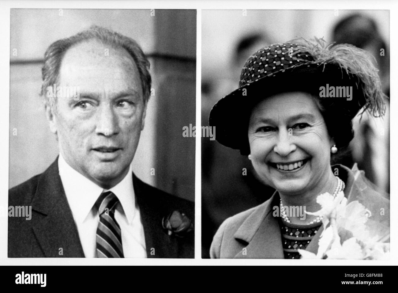 Photo composite de Pierre Trudeau, l'ancien premier ministre canadien, et de la reine Elizabeth II, qui a nommé aujourd'hui M. Trudeau Compagnon d'honneur, l'un des plus hauts honneurs que la reine peut accorder. Banque D'Images