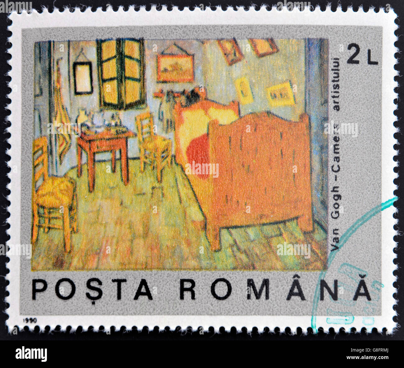 Roumanie - circa 1990 : timbre imprimé en Roumanie montre la chambre de Van Gogh, vers 1990 Banque D'Images