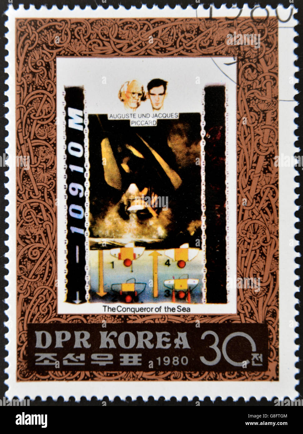 République populaire démocratique de Corée (RPD) - vers 1980 : un timbre imprimé en Corée du Nord montre Auguste et Jacques Piccard, un Banque D'Images