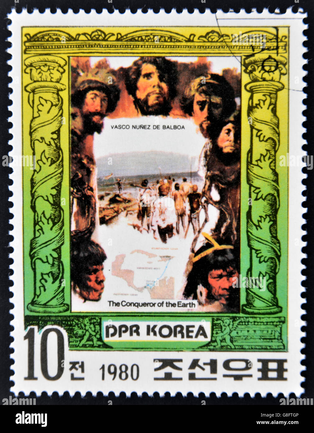 République populaire démocratique de Corée (RPD) - vers 1980 : un timbre imprimé en Corée du Nord montre Vasco Núñez de Balboa, la série da Banque D'Images