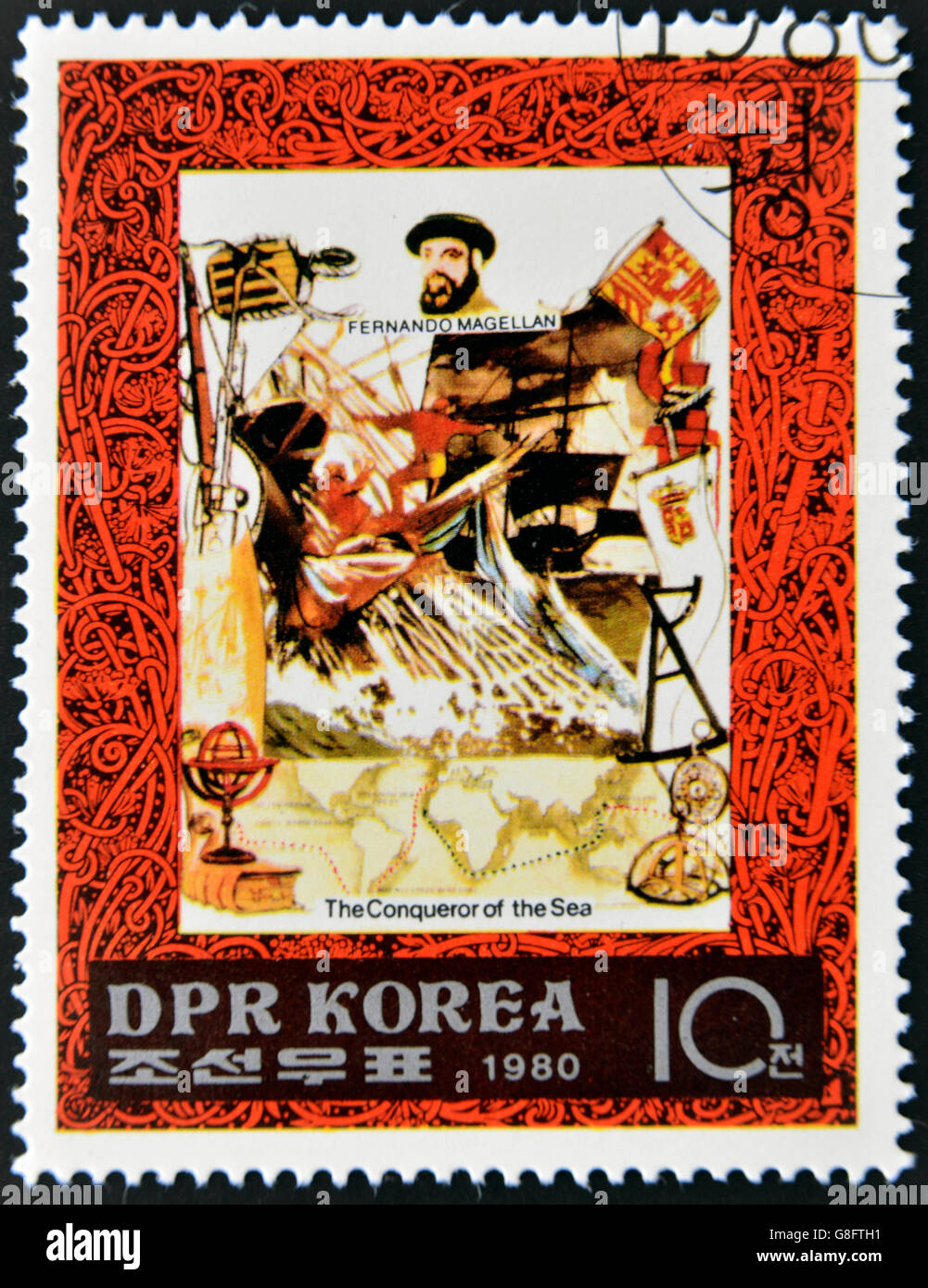 République populaire démocratique de Corée (RPD) - vers 1980 : un timbre imprimé en Corée du Nord, l'un montre Fernando Magellan de timbres Banque D'Images