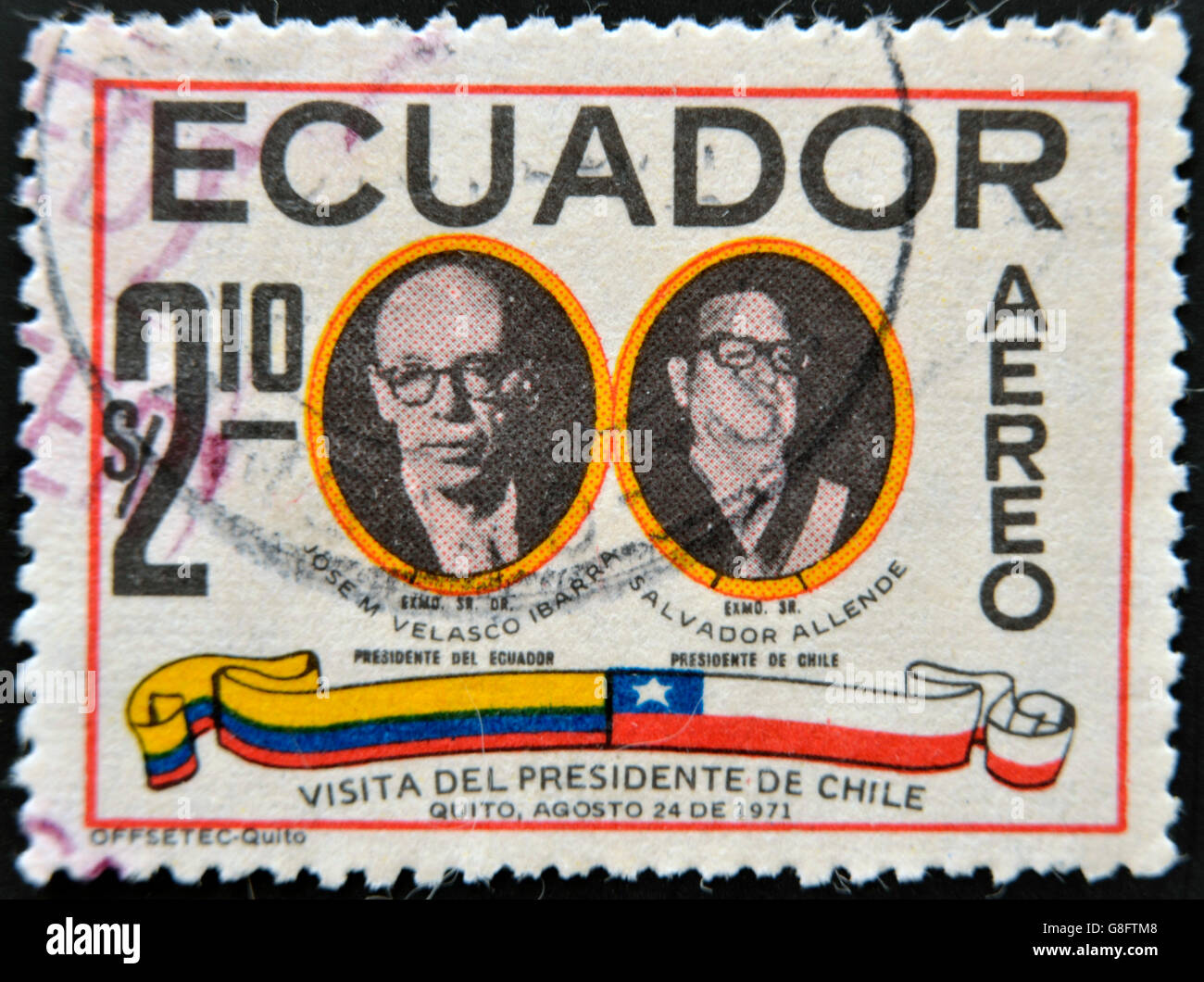 Equateur - circa 1971 : timbre imprimé en Équateur dédié à la visite de Salvador Allende, président du Chili à l'Equateur, cria Banque D'Images