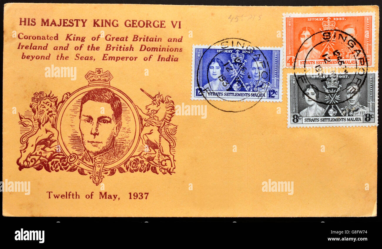 MALAYA - circa 1937 : timbres en Malaya montrant le couronnement du roi George VI avec Elizabeth Bowes-Lyon, vers 1937 Banque D'Images