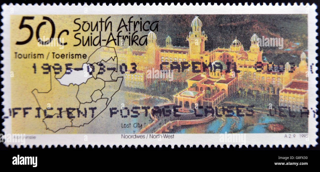 Afrique du Sud - circa 1995 : timbre imprimé en LSF montre los city North West, (Sun city), circa 1995 Banque D'Images