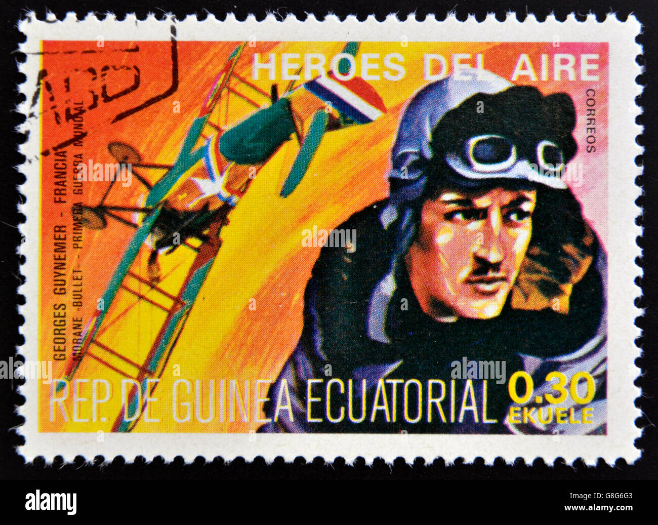 Guinée Équatoriale - circa 1974 : timbres en Guinée dédié aux héros de l'air, indique Georges Guynemer, aviateur historique Banque D'Images