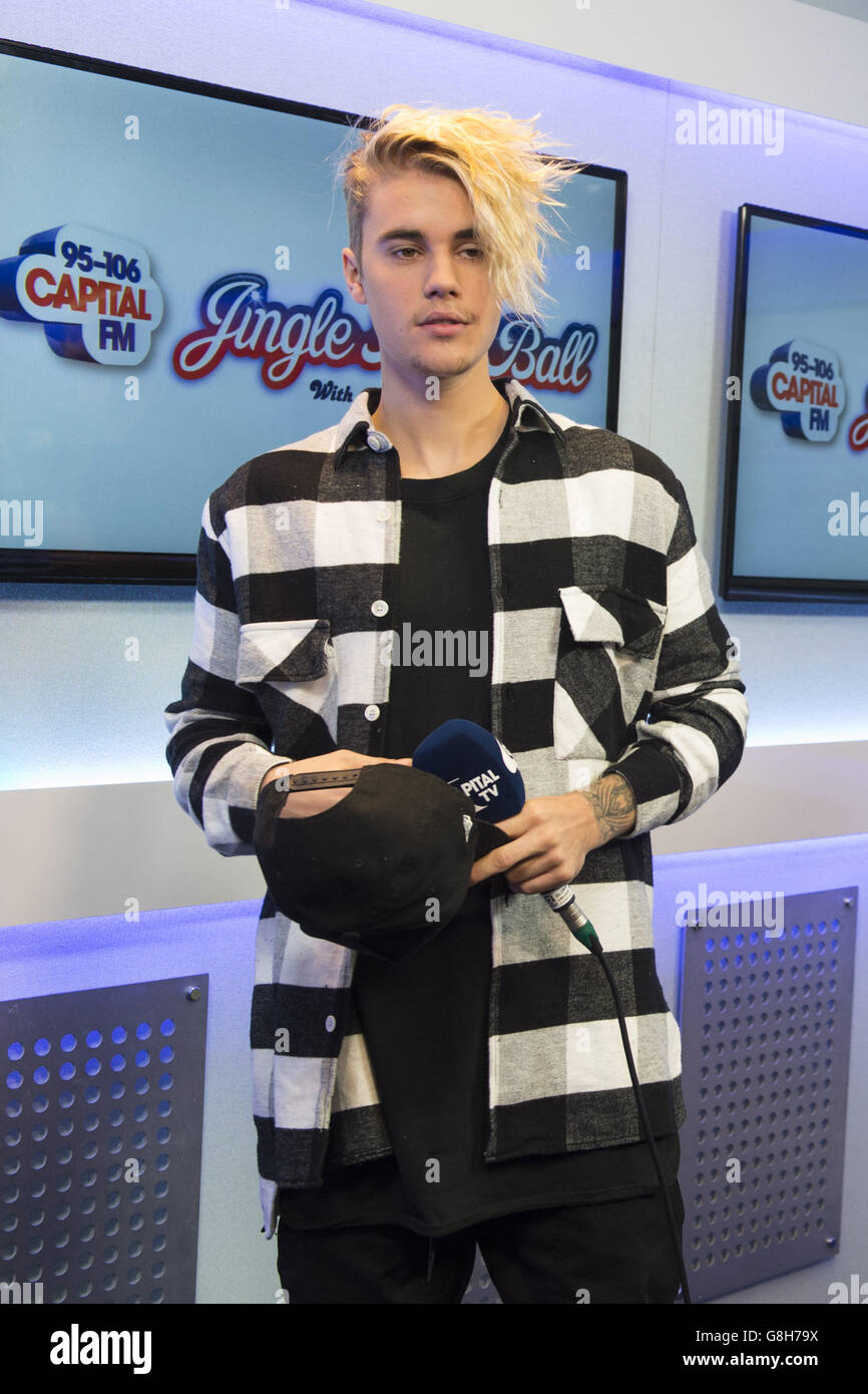 Justin Bieber pendant le Jingle Bell ball 2015 de Capital FM à l'O2 Arena, Londres. Banque D'Images