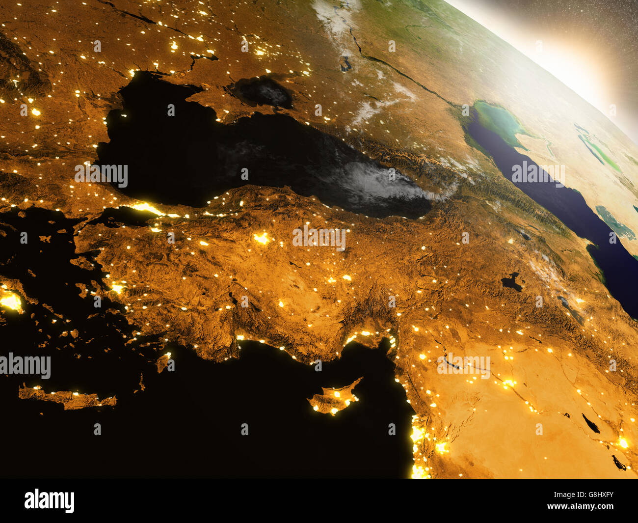 La Turquie avec sa région pendant le lever du soleil vu de l'orbite de la Terre dans l'espace. Illustration 3D très détaillées avec realisti Banque D'Images