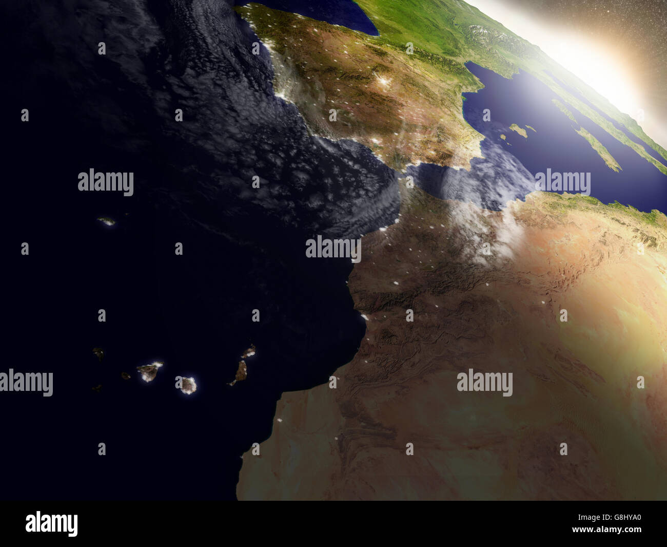 Le Maroc avec sa région pendant le lever du soleil vu de l'orbite de la Terre dans l'espace. Illustration 3D très détaillées avec réalisme Banque D'Images