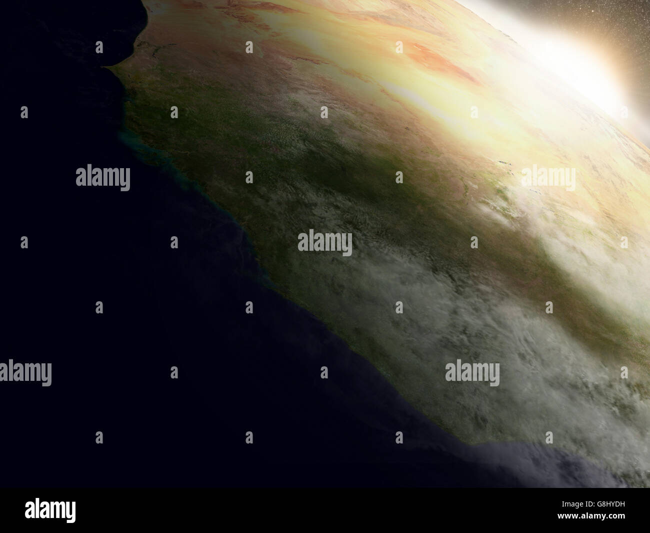 Le Libéria, la Sierra Leone et la Guinée avec la région environnante au lever du soleil, vu de l'orbite de la Terre. Illustration 3D avec des Banque D'Images