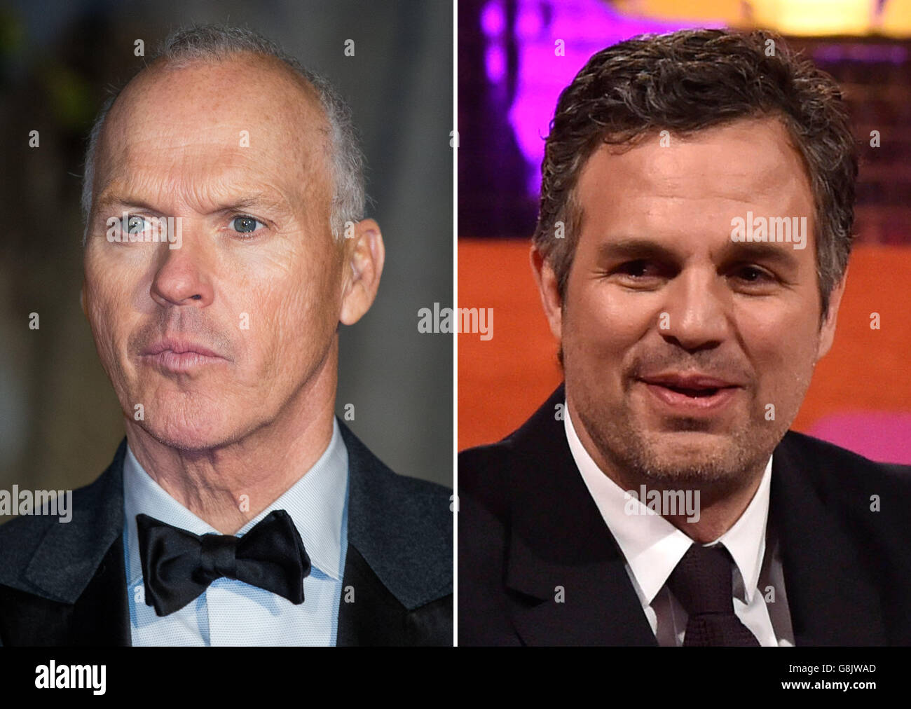 Des photos sans date de Michael Keaton (à gauche) et Mark Ruffalo qui seront sur le tapis rouge à Londres ce soir face aux journalistes pour promouvoir leur dernier film, Spotlight, qui les voit jouer les journalistes eux-mêmes. Banque D'Images