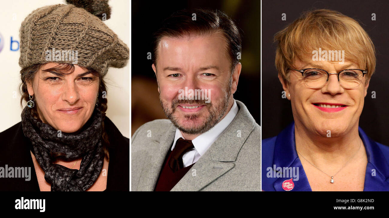 Classez les photos de gauche à droite de Tracey Emin, Ricky Gervais et Eddie Izzard. Banque D'Images