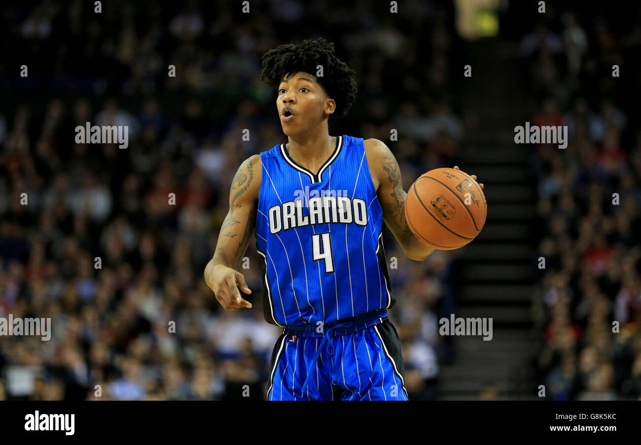 Elfrid Payton d'Orlando Magic en action lors du match des Jeux mondiaux de la NBA à l'O2 Arena, Londres. Banque D'Images