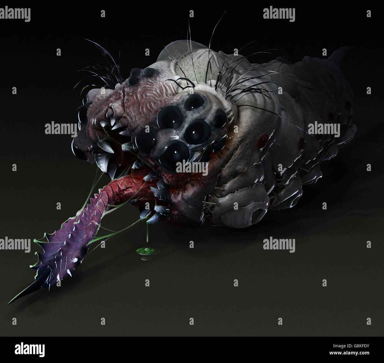 Grub parasitaires exotiques ver avec picotements côté languette voir dark avec poison slime. Banque D'Images