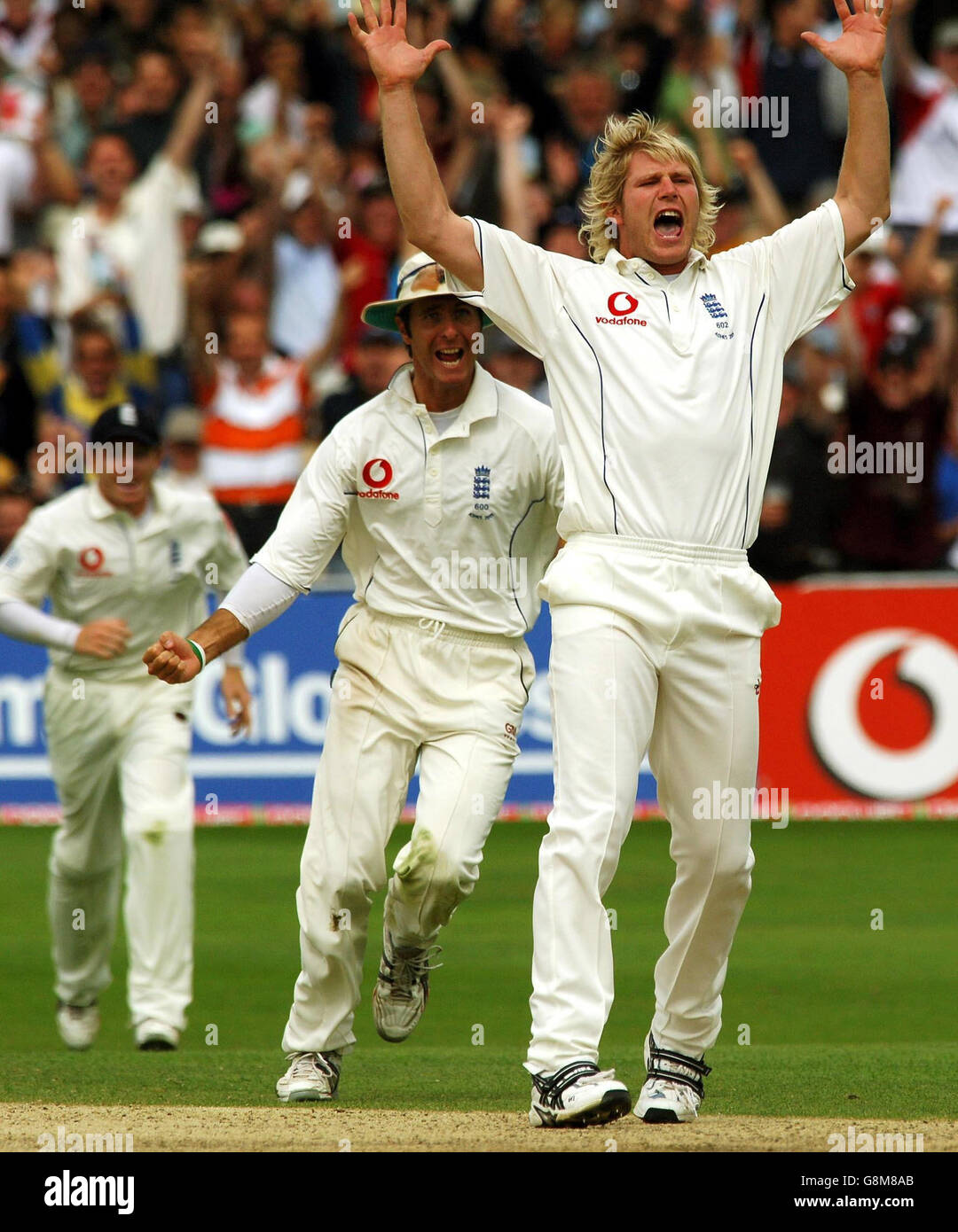 Matthew Hoggard, en Angleterre, célèbre le cricket d'Adam Gilchrist, en Australie, au cours du quatrième jour du quatrième match de npower Test à Trent Bridge, Nottingham, le dimanche 28 août 2005.APPUYEZ SUR ASSOCIATION photo.Le crédit photo devrait se lire: Rui Vieira/PA. Banque D'Images