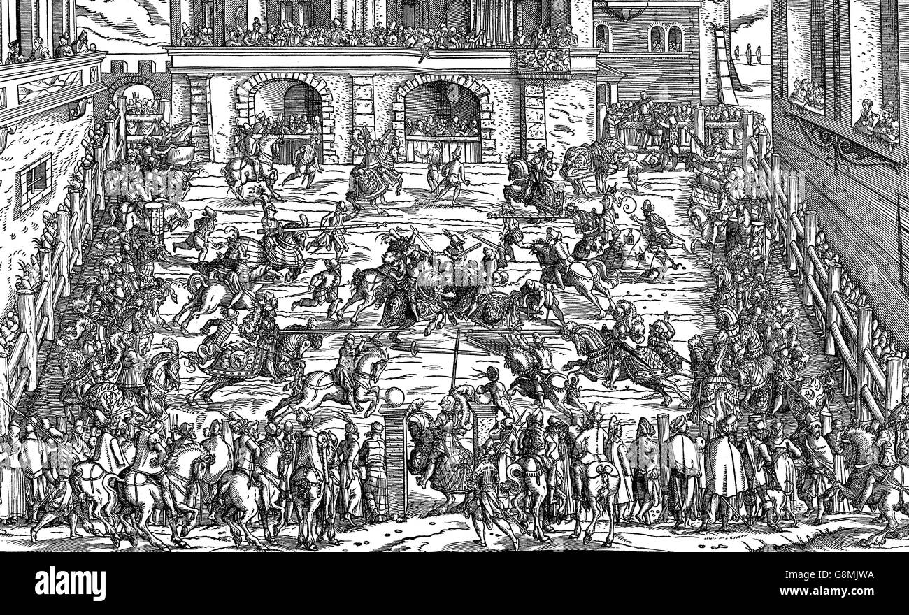 XVI siècle, tourney représentation : la concurrence chevaleresque ou maquettes combattre dans le Moyen-Âge et Renaissance Banque D'Images