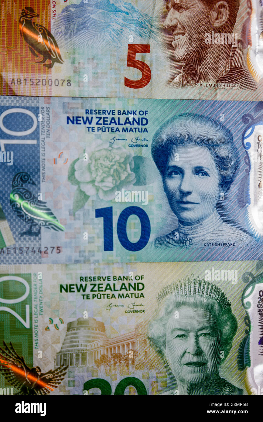 La nouvelle deuxième génération de polymère plastique New Zealand $5 $10 $20 billets de banque Banque D'Images
