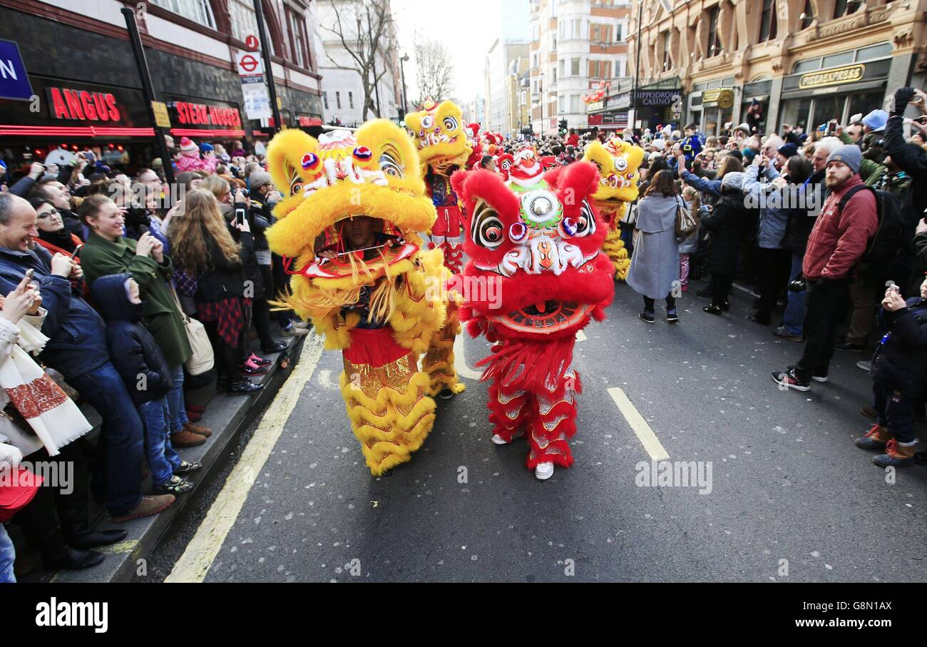 Les danseurs du dragon participent au défilé du nouvel an chinois à Chinatown, à Londres, pour marquer le début de l'année du singe. Banque D'Images