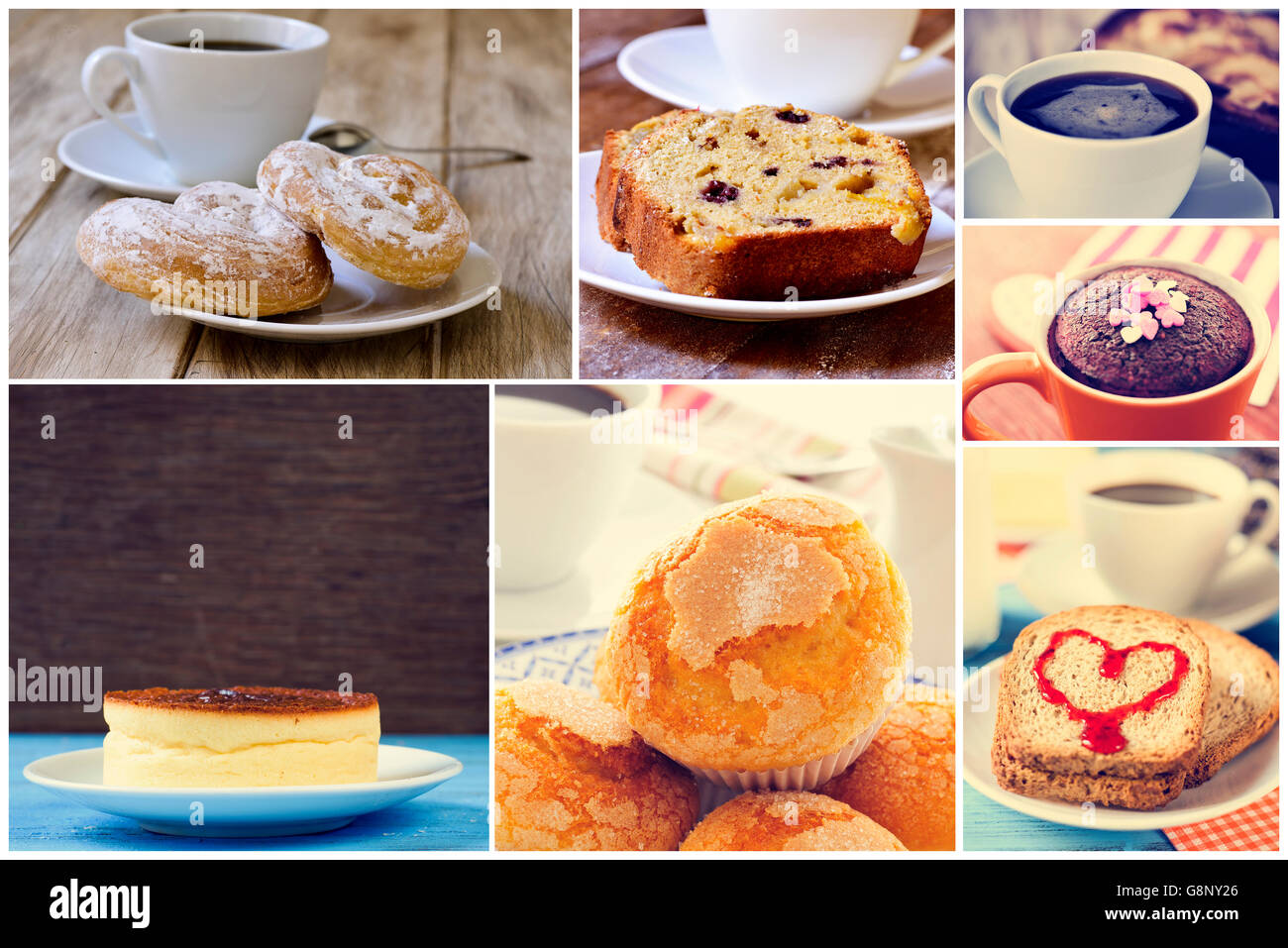Un collage d'images différentes de définir un aliment sucré servi avec du café ou du thé, comme un un peu espagnol, un ensaimadas, un gâteau au fromage Banque D'Images