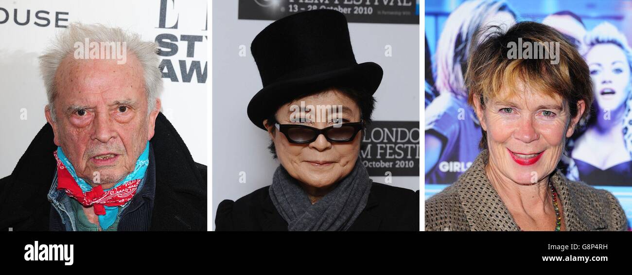 Photos de (de gauche) David Bailey, Yoko Ono et Celia Imrie. Banque D'Images