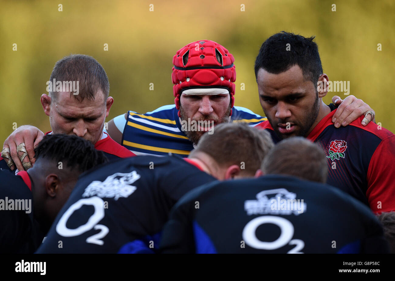 Séance d'entraînement en Angleterre - RBS six Nations - Pennyhill Park.James Haskell (au centre), Dylan Hartley (à gauche) et Billy Vunipola pendant une séance d'entraînement au parc Pennyhill, Bagshot. Banque D'Images