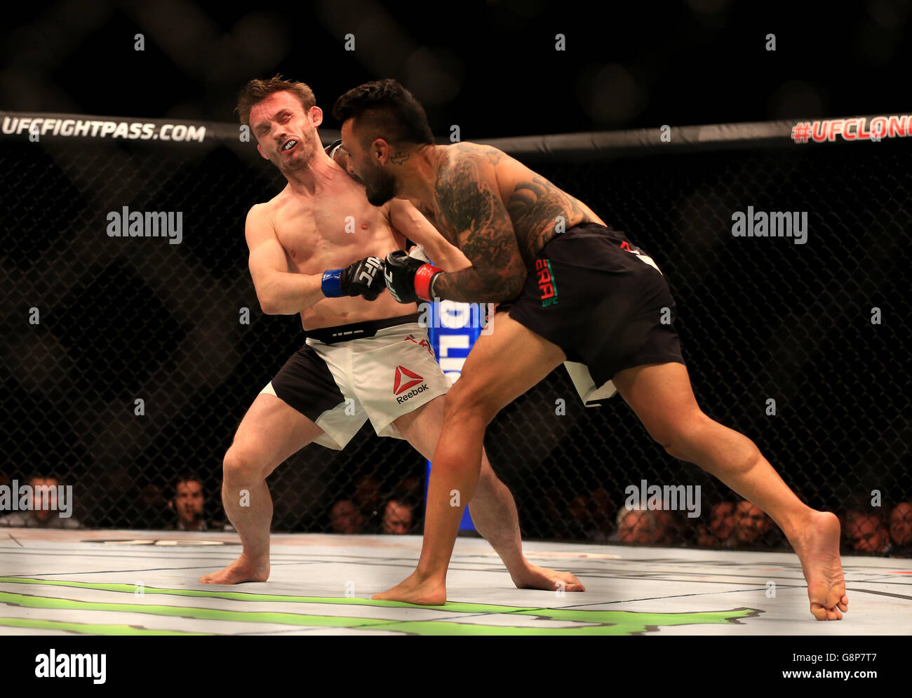 Brad Pickett (à gauche) de la Grande-Bretagne pendant son combat avec les USA Francisco Rivera (à droite) pendant la nuit de combat de l'UFC Banque D'Images