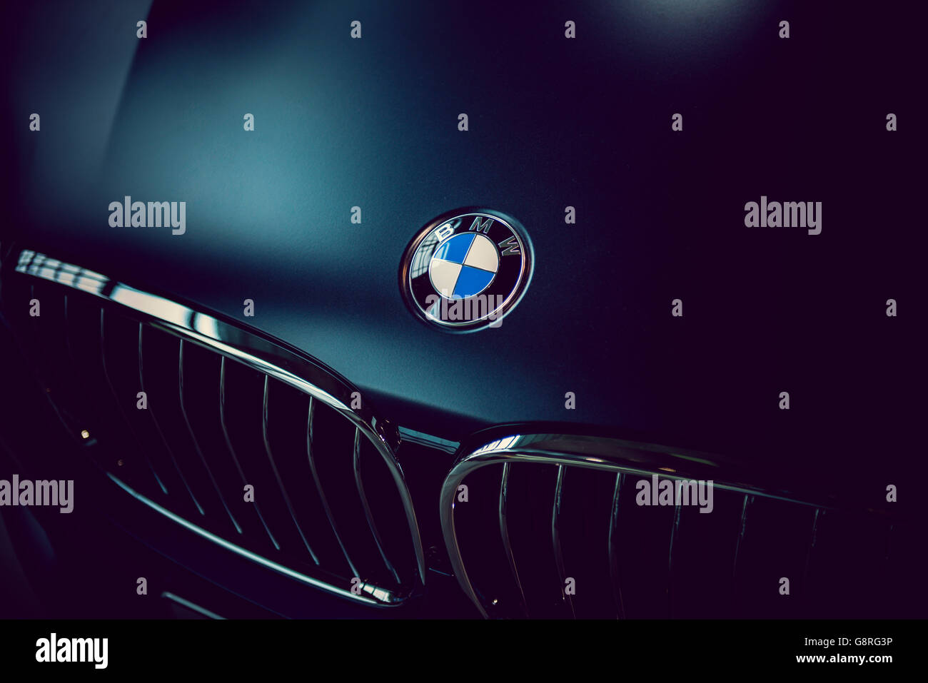 Logo BMW sur le capot de voiture Banque D'Images