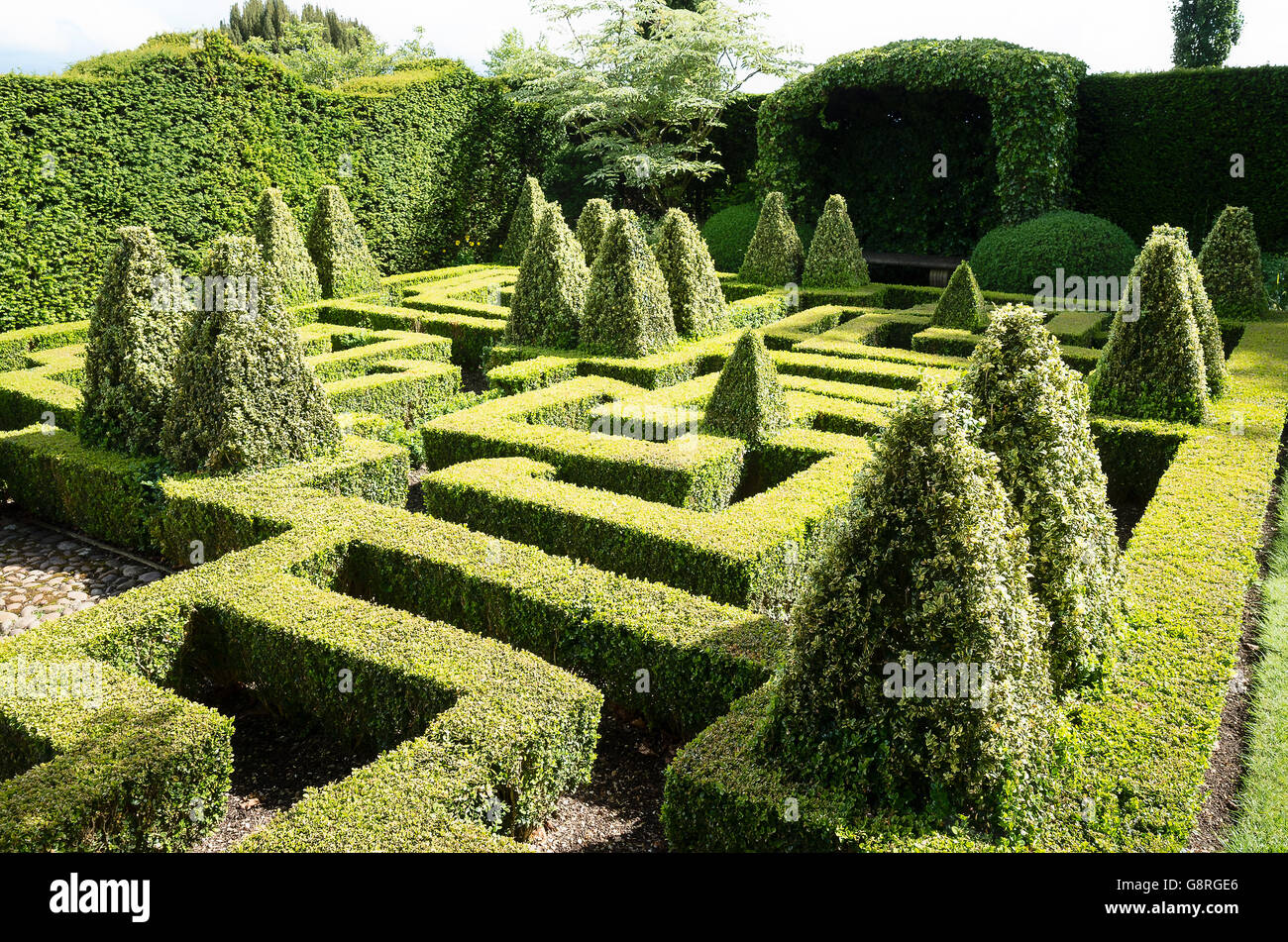 Labyrinthe géométrique composé de couverture buis taillés dans un pays jardin Banque D'Images