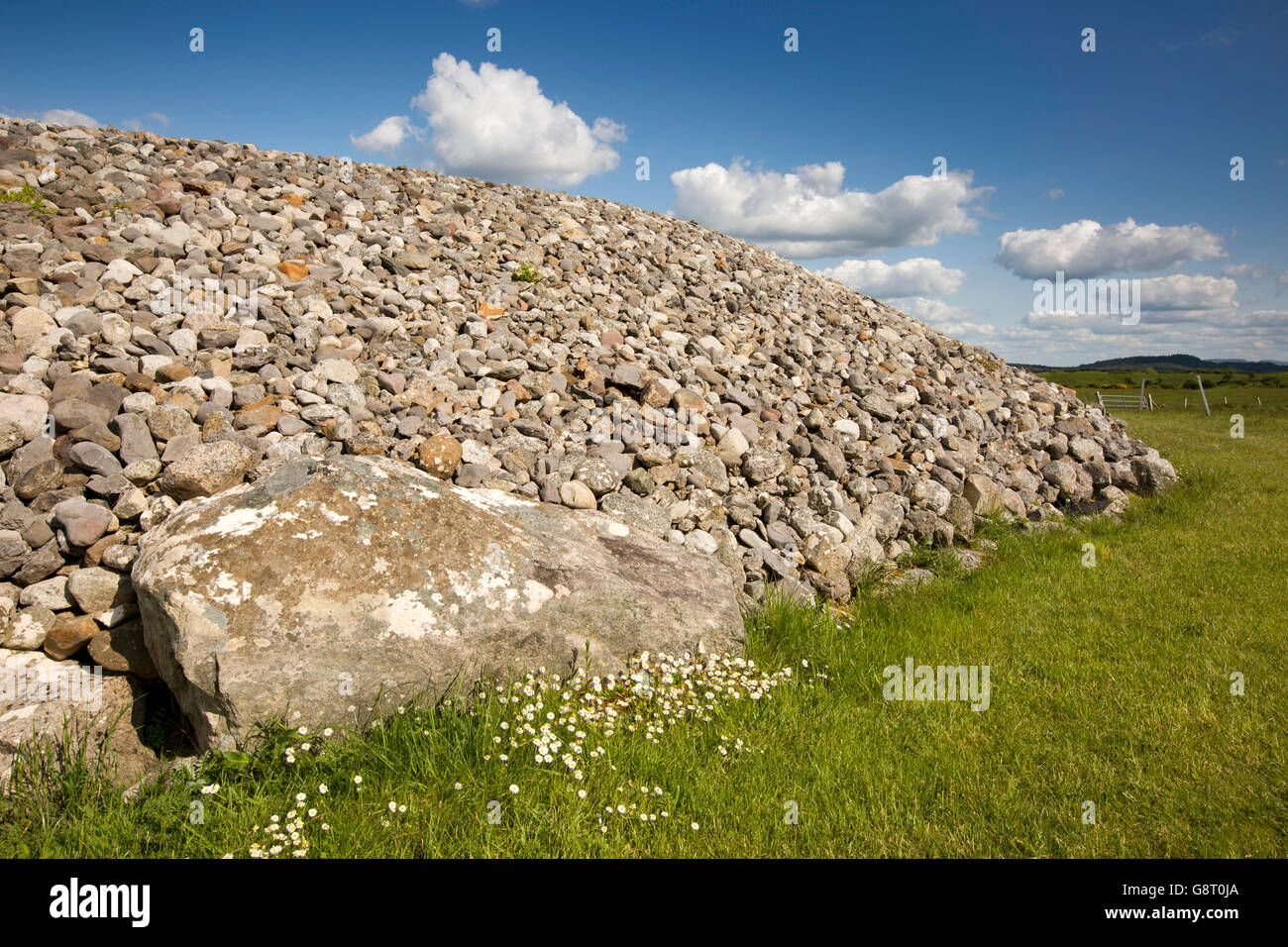 L'Irlande, Sligo, cimetière mégalithique de Carrowmore, pierre centrale cairn funéraire Banque D'Images