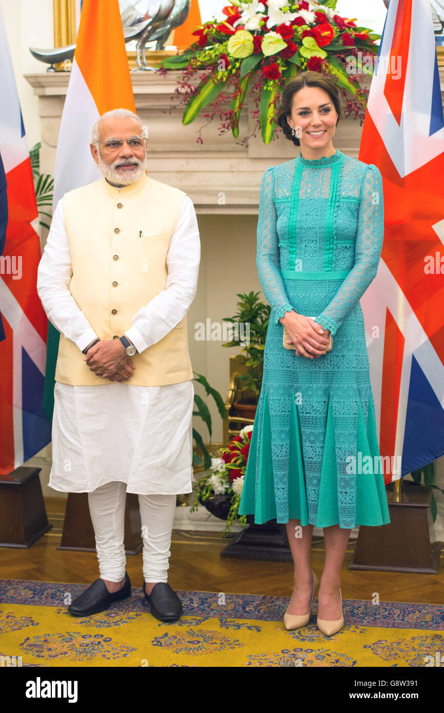 La duchesse de Cambridge rencontre le Premier ministre de l'Inde Narenda Mod dans la maison de Hyderabad à New Delhi au cours du troisième jour de la tournée royale en Inde et au Bhoutan. Banque D'Images