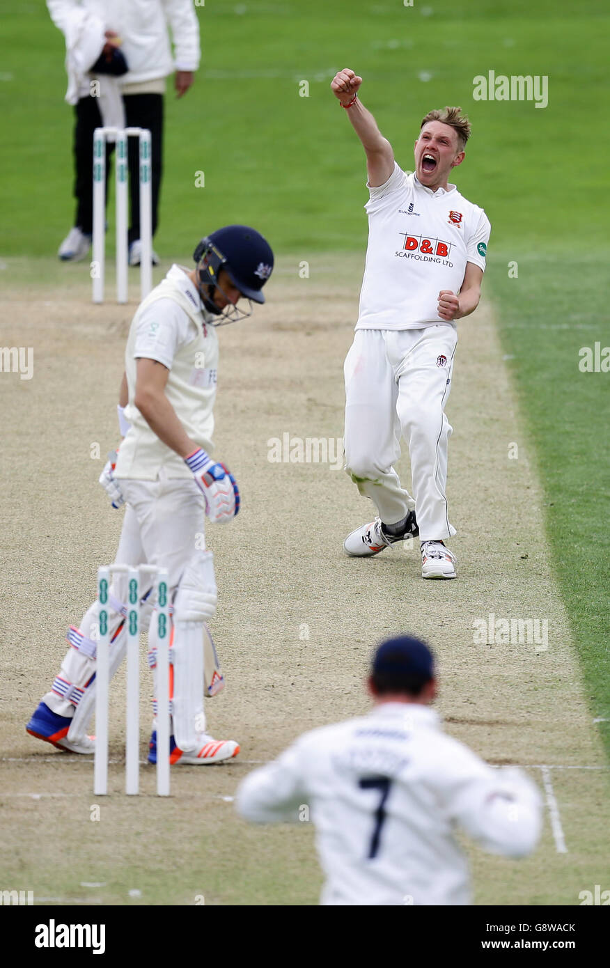 Jamie porter, d'Essex, célèbre la prise du cricket de Benny Howell, dans le Gloucestershire, au cours du premier jour du championnat du comté de Specsavers au terrain du comté d'Essex, Chelmsford. Banque D'Images