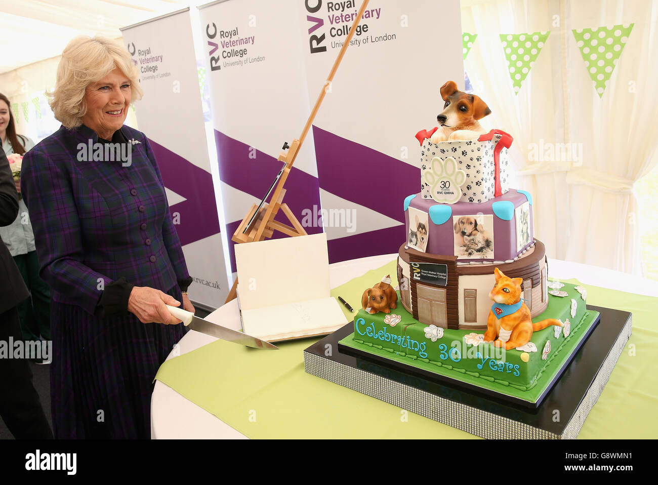 La duchesse de Cornwall, patronne de la Royal Veterinary College Animal Care Trust (ACT), coupe un gâteau lors d'une visite à l'hôpital Queen mère pour les petits animaux pour célébrer son 30e anniversaire, au cours duquel elle a vu comment LES fonds ACT contribuent à soutenir les soins de pointe. Banque D'Images