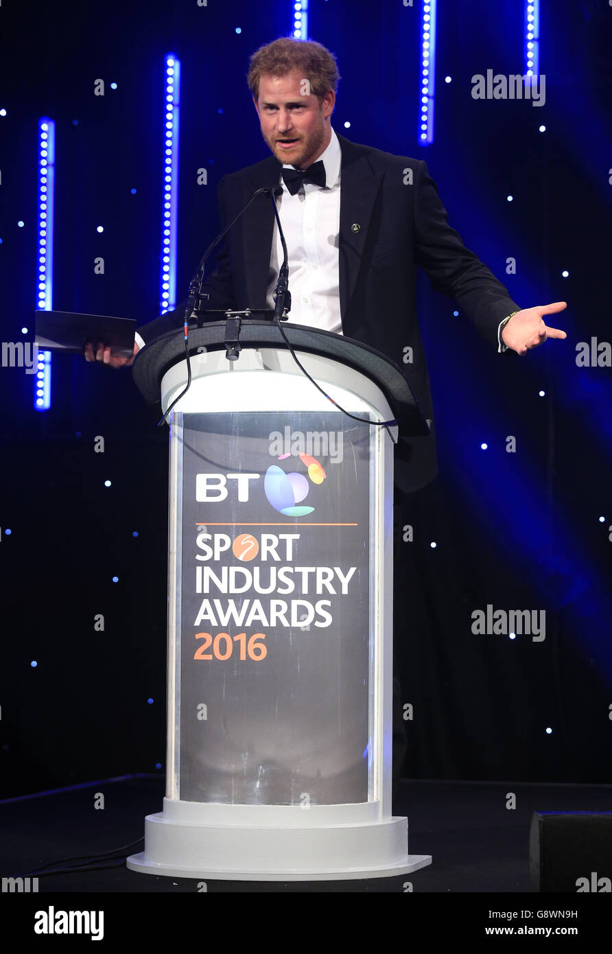 Le Prince Harry s'exprime aux BT Sport Industry Awards 2016 à Battersea Evolution, à Londres. Banque D'Images