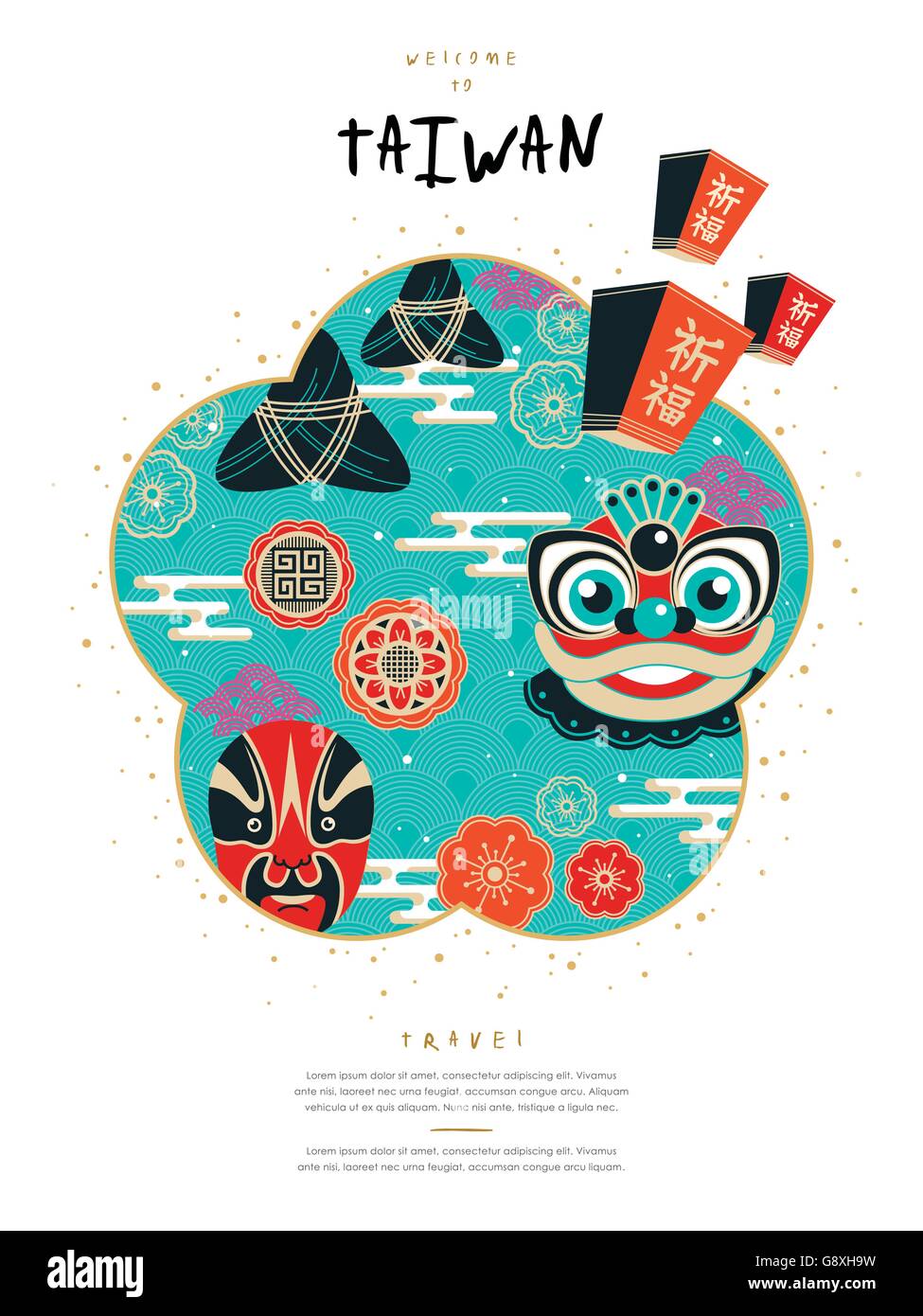 Belle conception de l'affiche de la culture de Taiwan avec le célèbre symbole et événements Illustration de Vecteur