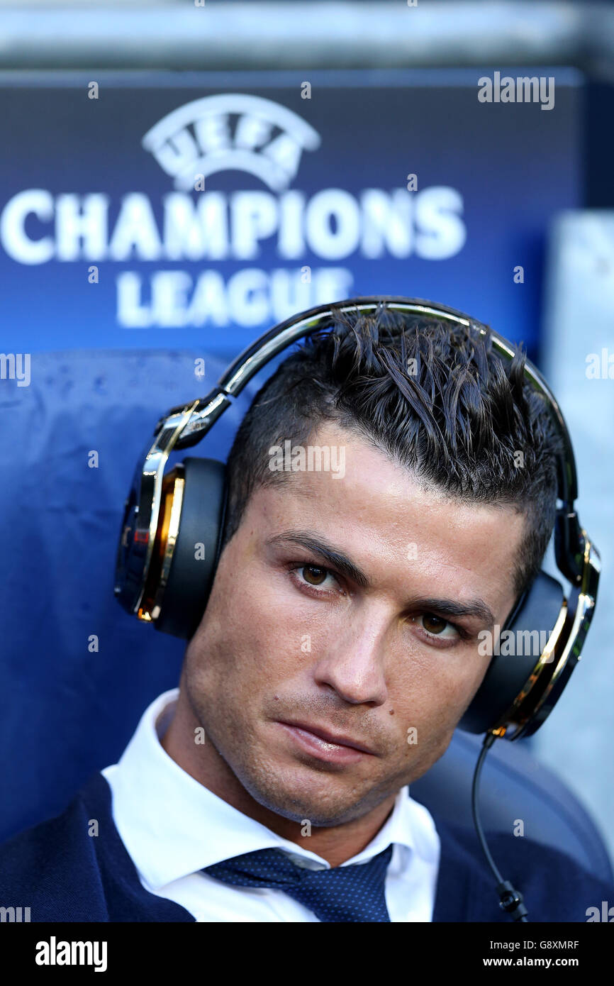 Cristiano Ronaldo du Real Madrid avant la Ligue des champions de l'UEFA, demi-finale au stade Etihad de Manchester. Banque D'Images