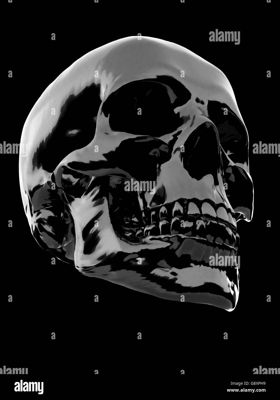 Crâne noir brillant sur fond noir Banque D'Images