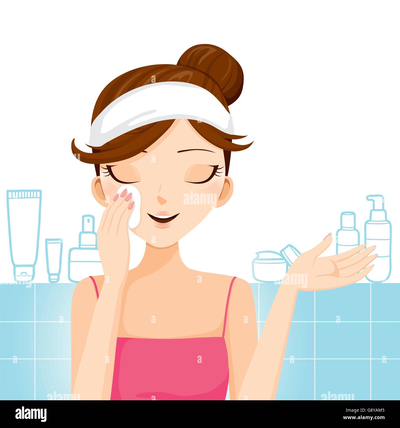 Jeune femme en train de nettoyer le maquillage sur son visage, soin du visage, beauté, Cosmétiques, Maquillage, santé, mode de vie Illustration de Vecteur