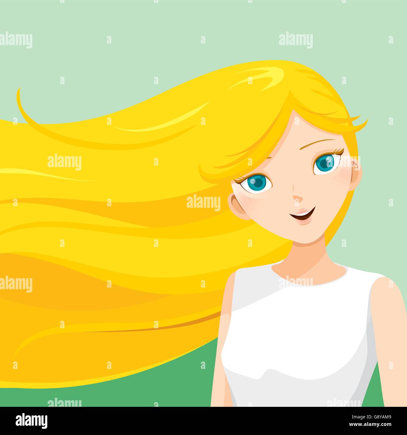 Jeune femme avec de longs cheveux blonds, dans le vent, coiffures, beauté, sur fond vert Illustration de Vecteur