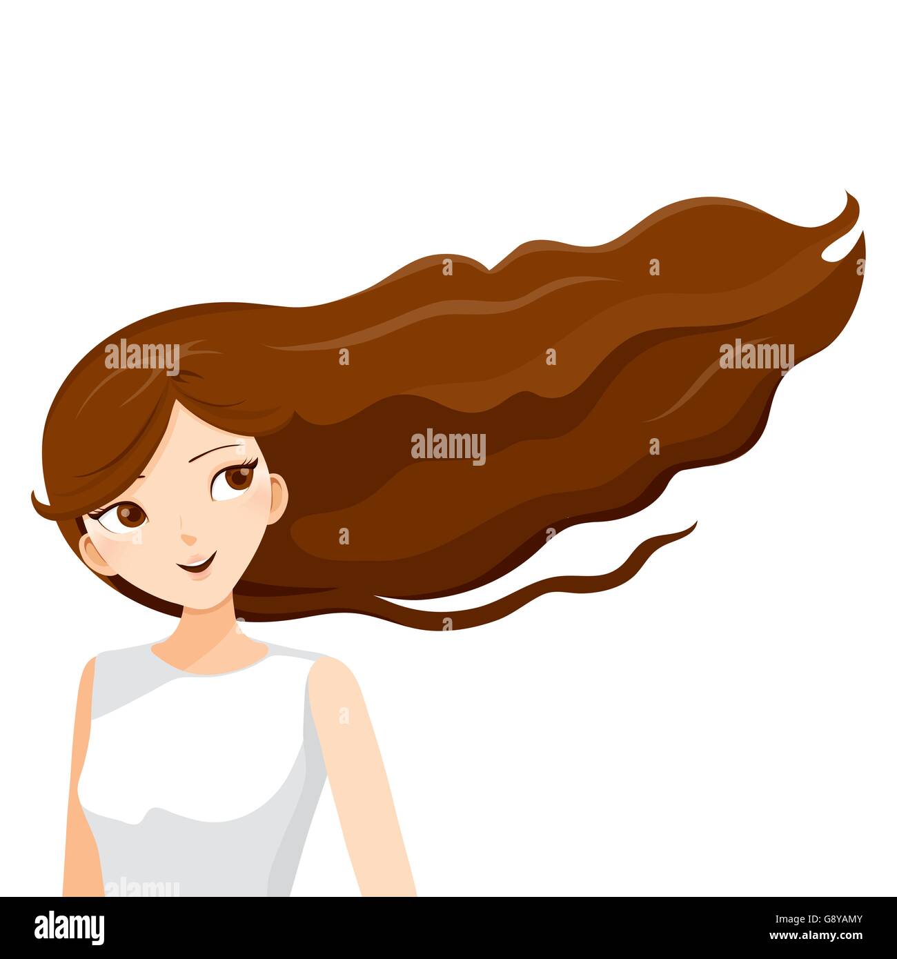 Jeune femme aux longs cheveux bruns bouclés, dans le vent, coiffures, beauté Illustration de Vecteur